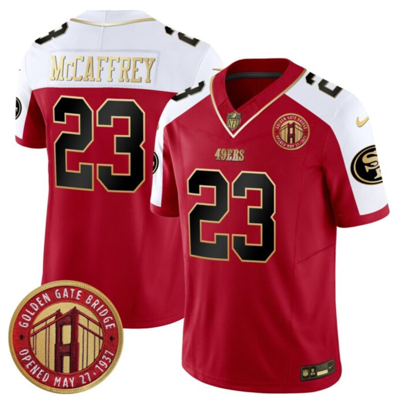 Men's San Francisco 49ers #23 Christian McCaffrey Red F.U.S.E. Golden Gate Bridge Patch Alternate Vapor Limited Stitched Football Jersey